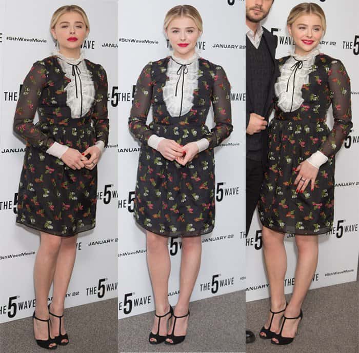 Chloe Grace Moretz stunned in a floral embroidered silk-organza dress at the 5th Wave Photocall