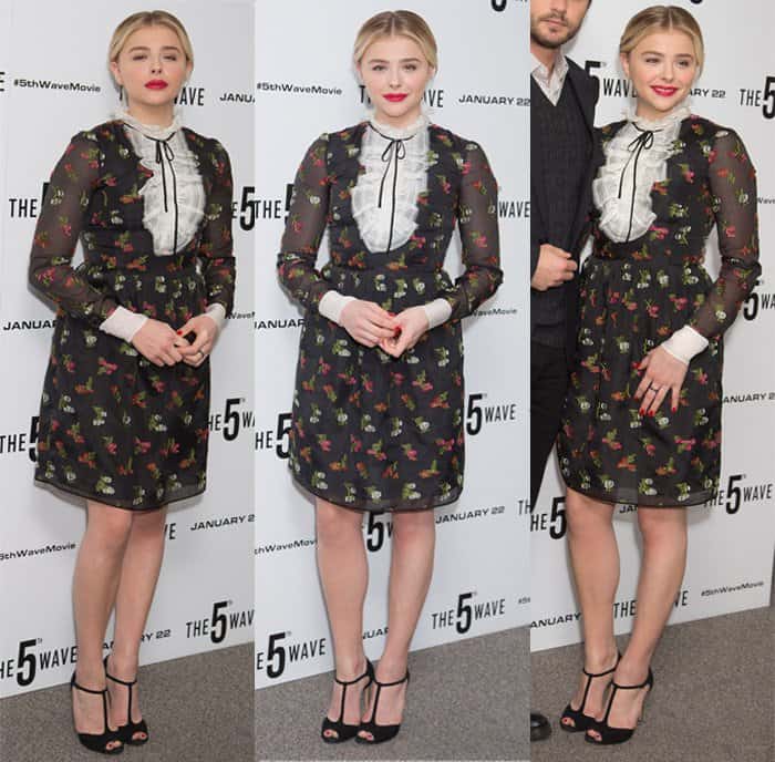 Chloë Grace Moretz stunned in a floral embroidered silk-organza dress at the 5th Wave Photocall