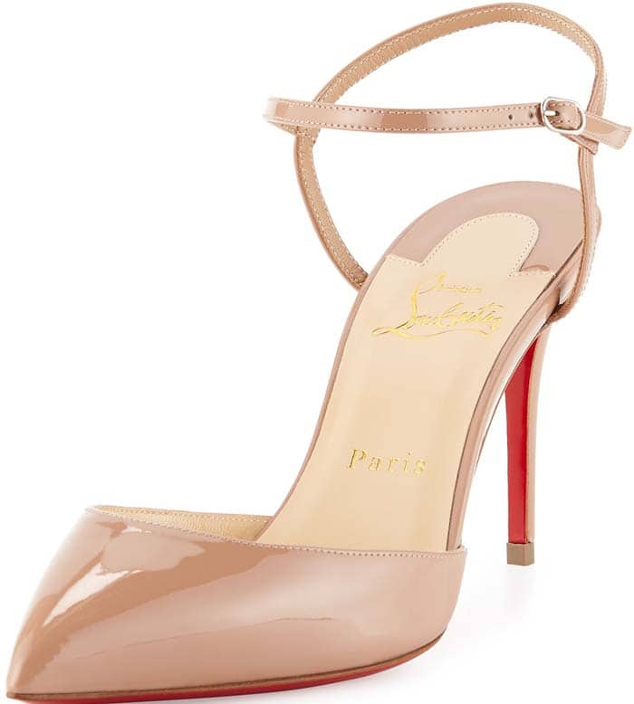Christian Louboutin 'Rivierina' Patent Ankle-Wrap Red Sole Pump in Nude
