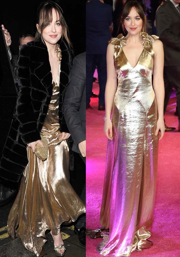 Dakota Johnson wears a gold Marc Jacobs dress on the pink carpet