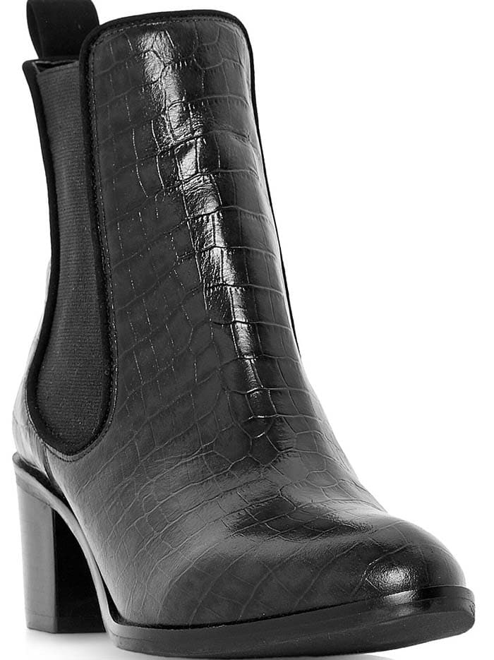 Dune 'Quaide' Block Heeled Chelsea Boot, Black Reptile Effect Leather