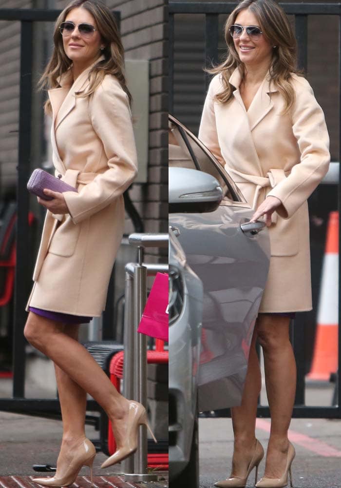Elizabeth Hurley leaves ITV Studios in a nude Michael Kors trench coat