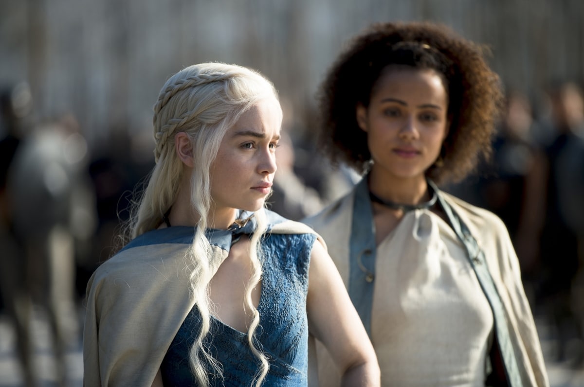 Emilia Clarke as Daenerys Taragaryen and Nathalie Emmanuel as her interpreter Missandei in Game of Thrones