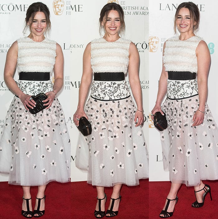 Emilia-Clarke-midi-dress-sheer-floral-skirt-wool-bodice