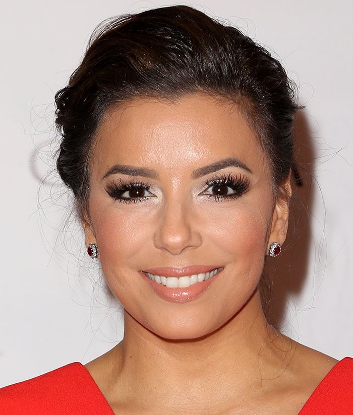 Eva Longoria wears her hair up at a promotional event for Godiva
