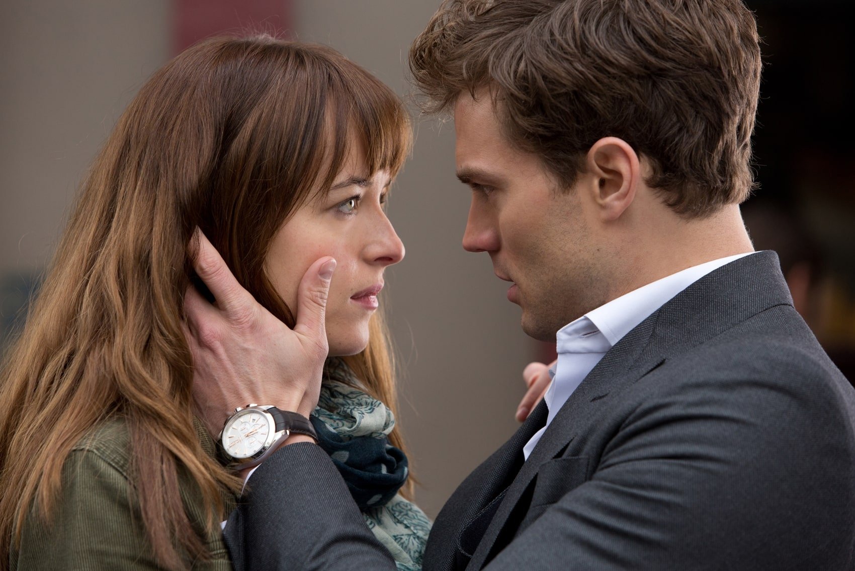 Dakota Johnson as Anastasia "Ana" Steele and Jamie Dornan as Christian Grey in the 2015 American erotic romantic drama film Fifty Shades of Grey