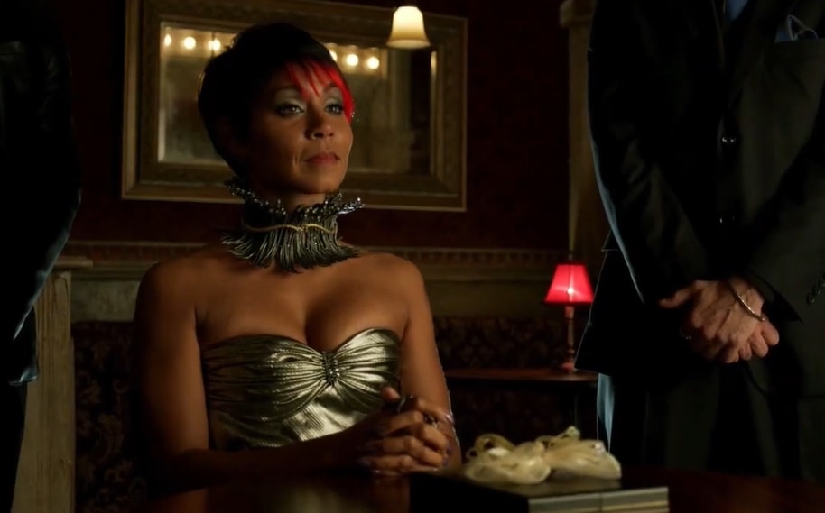 Jada Pinkett Smith as Fish Mooney exudes power in a metallic strapless gown and dramatic statement necklace in Gotham