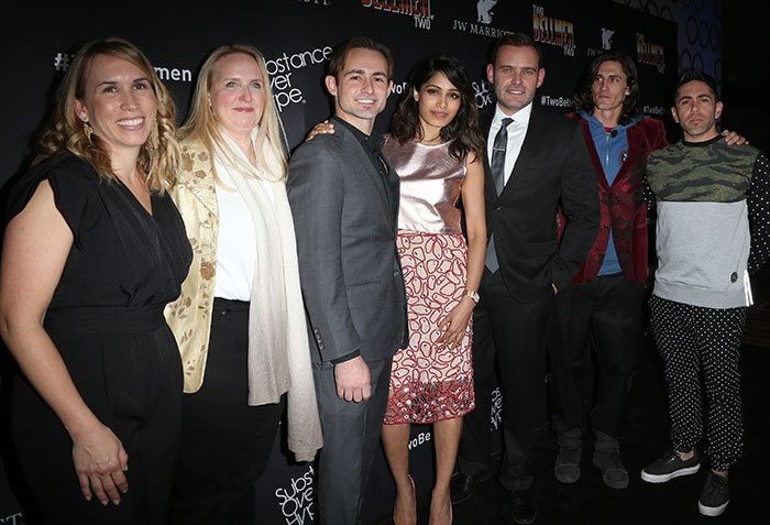 Senior Director and Global Brand Leader for JW Marriott Hotels & Resorts Christy Donato, Global Marketing Officer for Marriott International Karin Timpone, actor Caine Sinclair, actress Freida Pinto, Vice President of Global Creative Content Marketing for Marriott International David Beebe, actor William Spencer, and director/writer Daniel Malakai Cabrera arrive at the world premiere of "Two Bellmen Two"