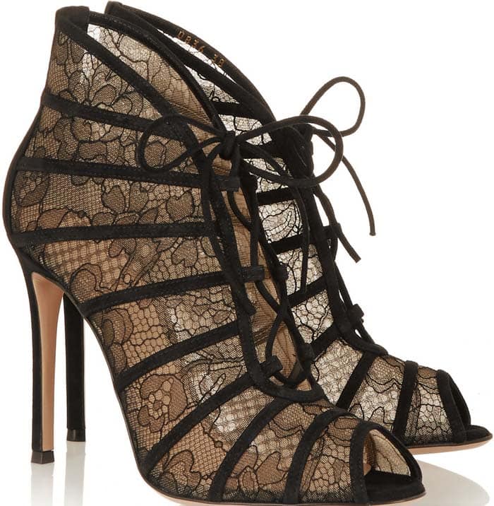 Gianvito Rossi 'Chantilly' Lace Open-Toe Bootie in Black/Nude