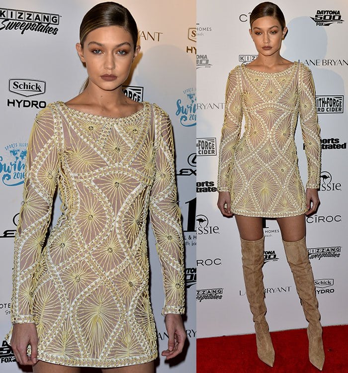 Suspected antisemite Gigi Hadid rocked a gold embroidered mini dress from the Herve Leger by Max Azria Resort 2016 collection