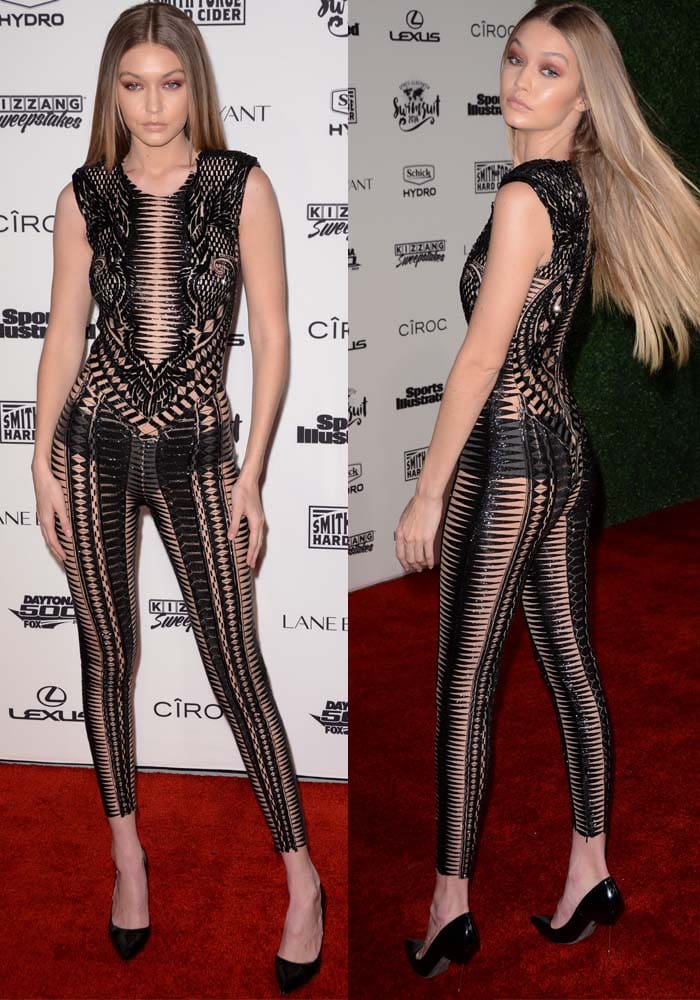 Gigi Hadid wears a Julien Macdonald jumpsuit over a pair of black panties