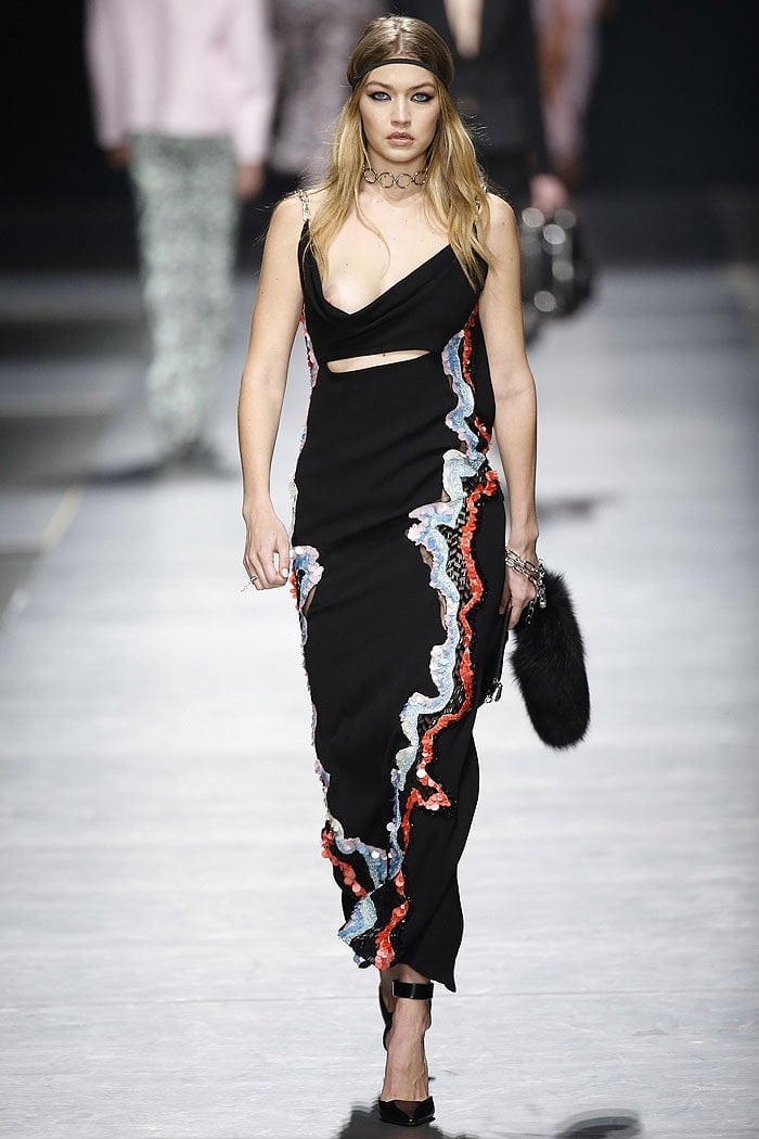 Gigi Hadid suffering a nip slip while modeling for the Versace fall 2016 fashion show held during Milan Fashion Week in Milan, Italy, on February 26, 2016.