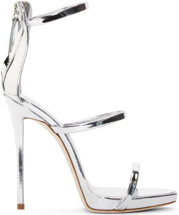 Mirrored silver patent Giuseppe Zanotti sandal with three straps