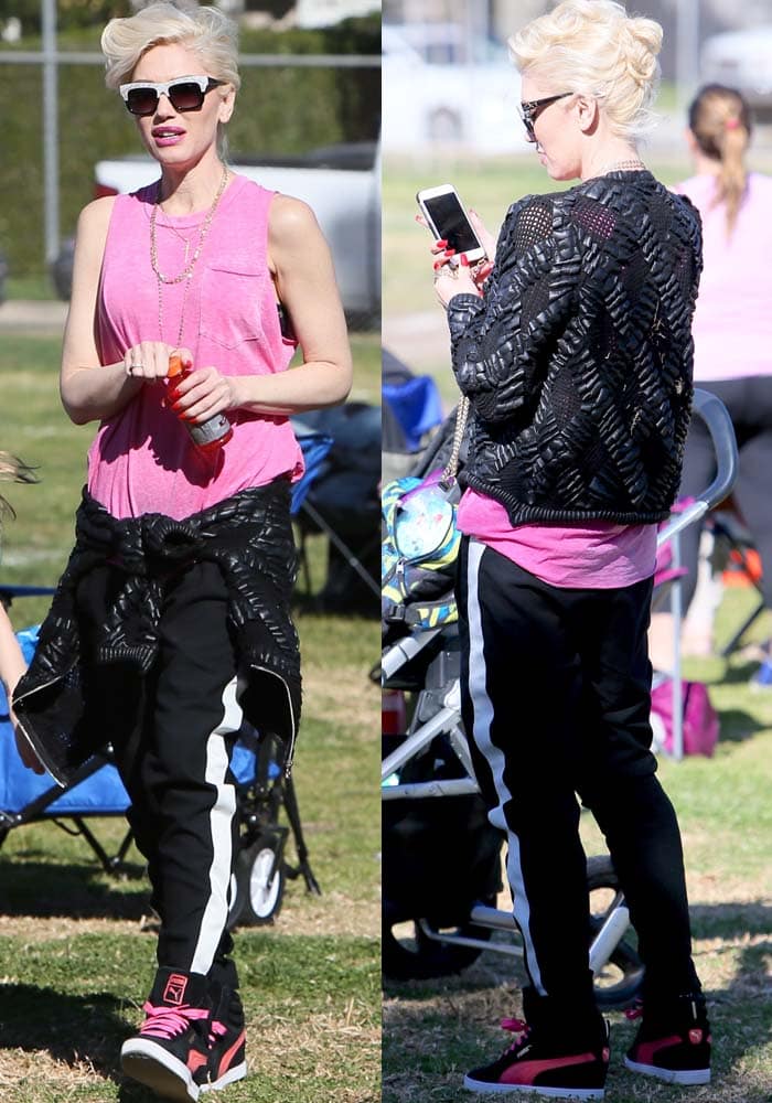Gwen Stefani wears a pink top to her son's flag football game