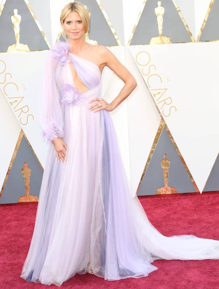 Heidi Klum was one of the worst dressed in a purple Marchesa Fall 2016 gown at the 2016 Academy Awards