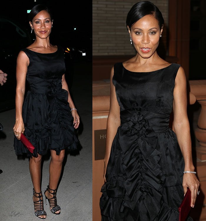 Jada Pinkett-Smith wears a ruffled black dress at the "Freeze Frame" Gala