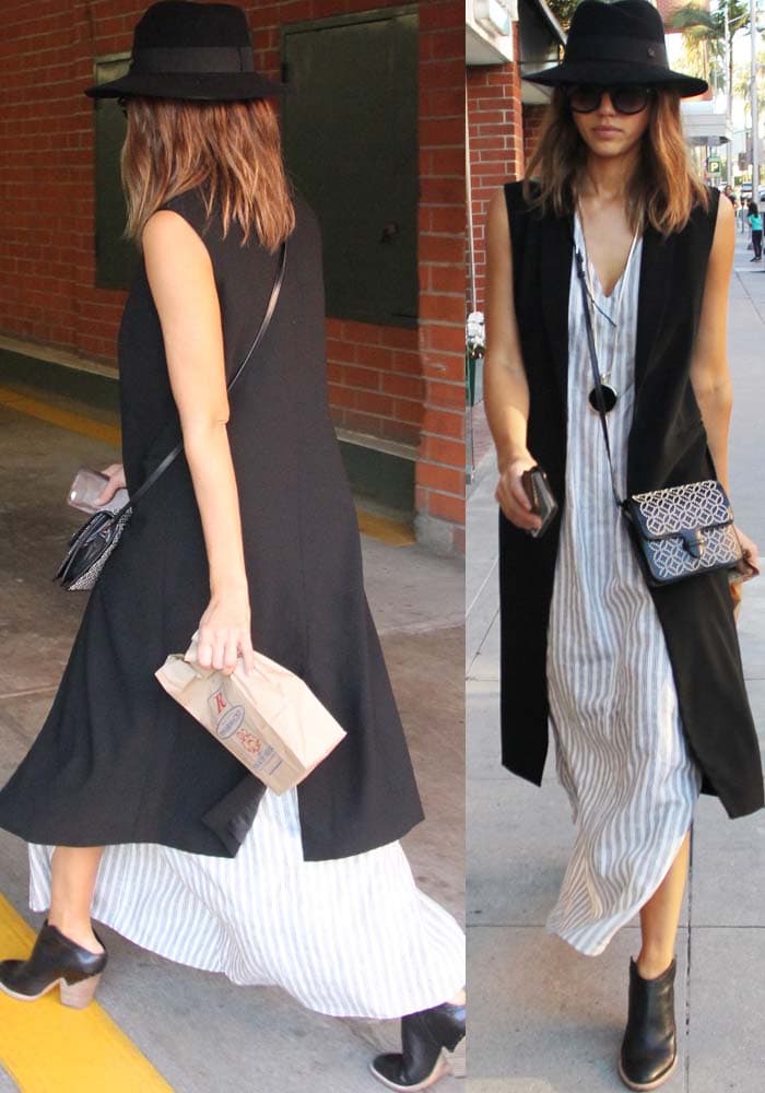 Jessica Alba wears a striped maxi dress and a long black vest by RO & DE while out in Los Angeles