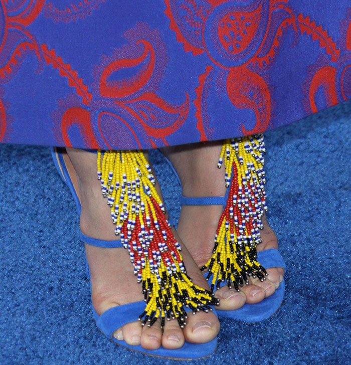 Jessica Biel's feet in multi-colored suede "Iliana" sandals