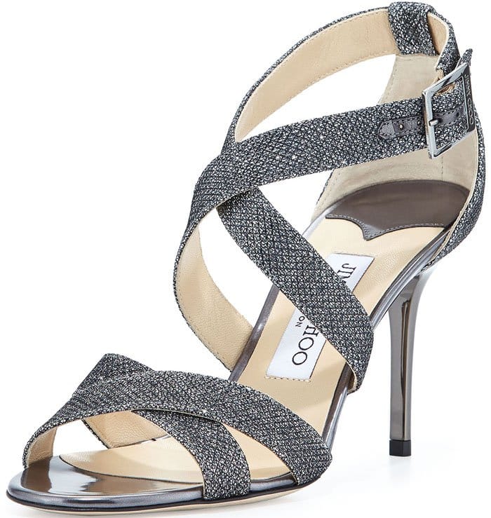 Jimmy Choo 'Louise' Glitter Fabric Crisscross Sandal in Gray