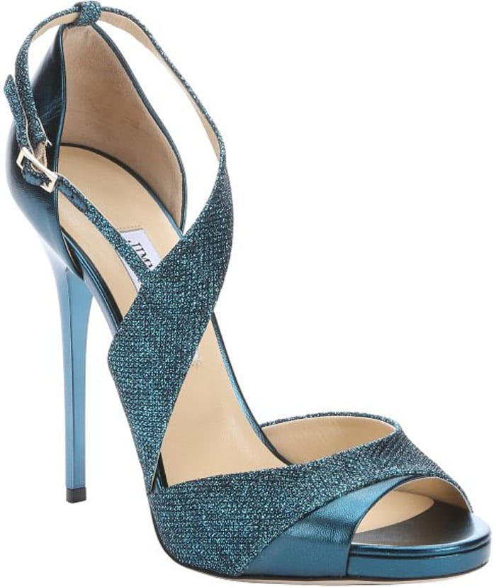 Jimmy Choo Ocean Metallic Leather And Glitter Lamé 'Tyne' Stiletto Sandals