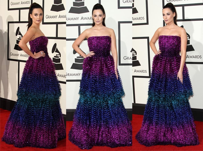 Kacey Musgraves looked stunning in a strapless Armani Prive Fall 2015 couture gown at the 58th Annual Grammy Awards