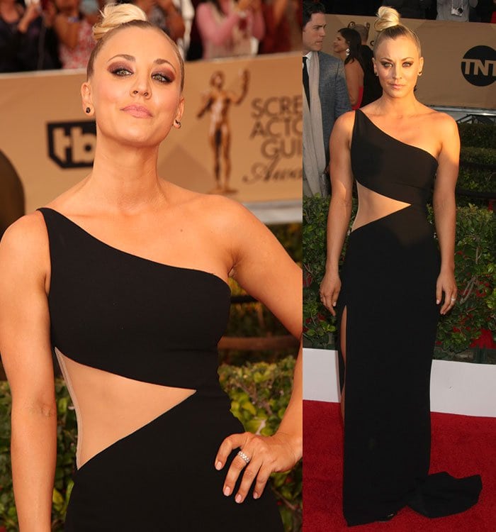 Kaley Cuoco wears a black Romona Keveza dress on the red carpet