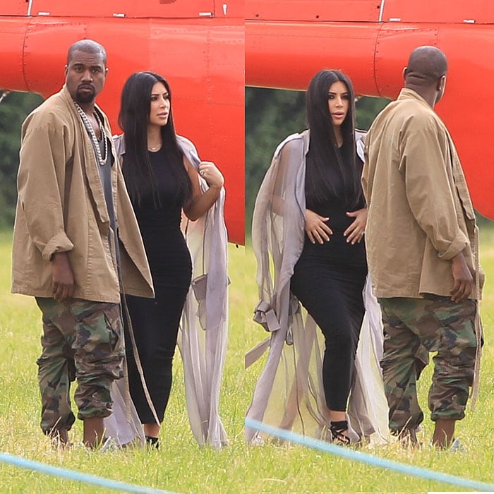 Kanye West and Kim Kardashian arriving on a helicopter at the 2015 Glastonbury Music Festival in Somerset, England, on June 27, 2015.