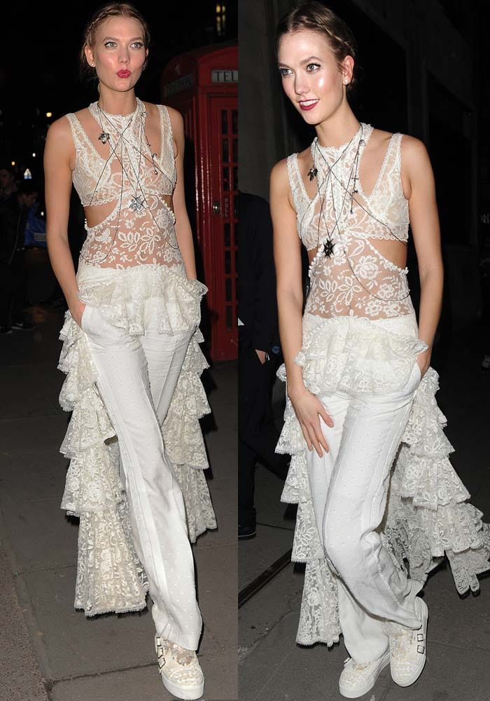 Karlie Kloss wears an all-white Alexander McQueen look at a post-BRIT Awards party