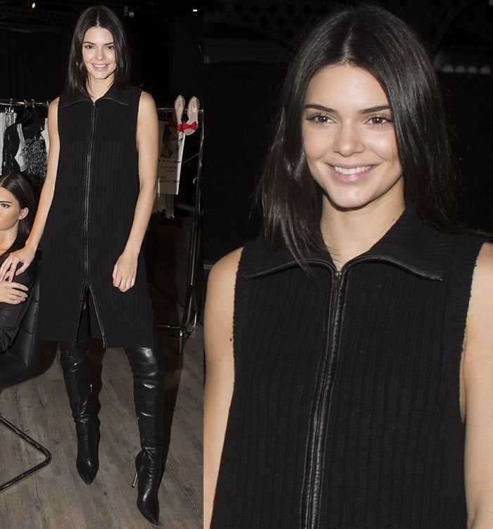 Kendall Jenner kept it cozy in a black knit dress with a collar and a zip-up front