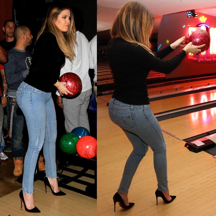 Khloe Kardashian goes bowling in Jet patched skinny jeans and Christian Louboutin So Kate pumps