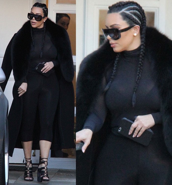 Kim Kardashian sported boxer braids, which she’s been wearing for weeks, and wore nude lipstick