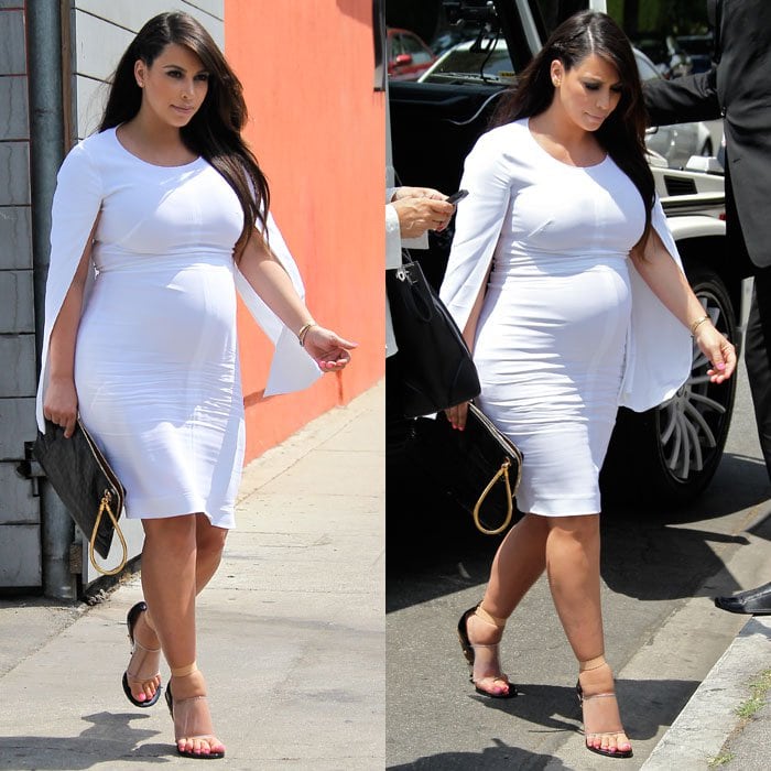 Pregnant Kim Kardashian with her visibly swollen feet stuffed in heels while visting Naimie’s Beauty Center in North Hollywood, California, on May 16, 2013.