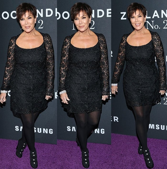 Kris Jenner wears her signature all-black look on the purple carpet