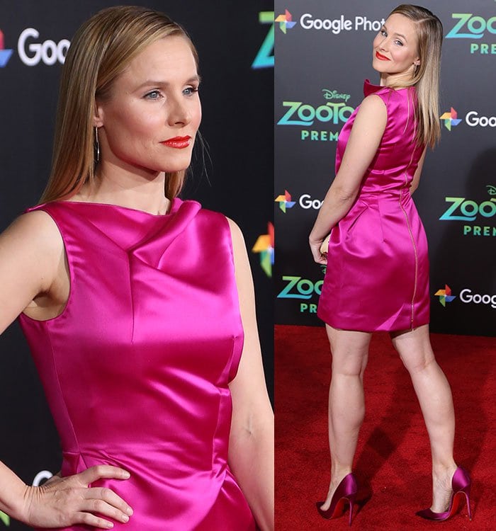 Kristen Bell wears a bright pink Roland Mouret minidress on the red carpet