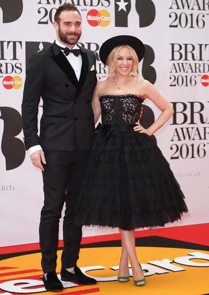 Kylie Minogue with her fiancé Joshua Sasse at the BRIT Awards 2016