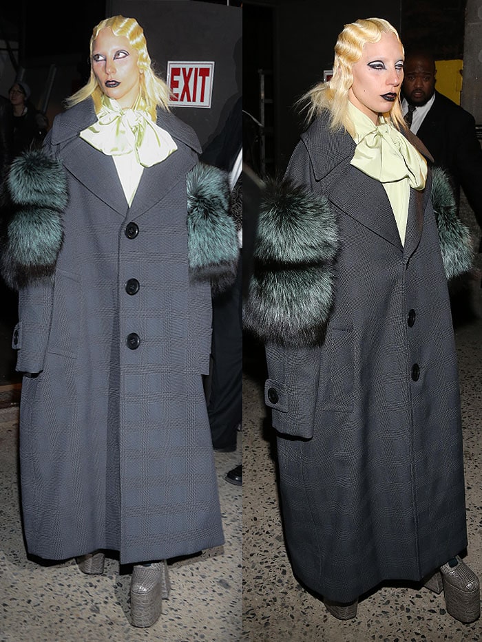 Lady Gaga exited the Marc Jacobs Fall 2016 fashion show still dressed in her entire runway look