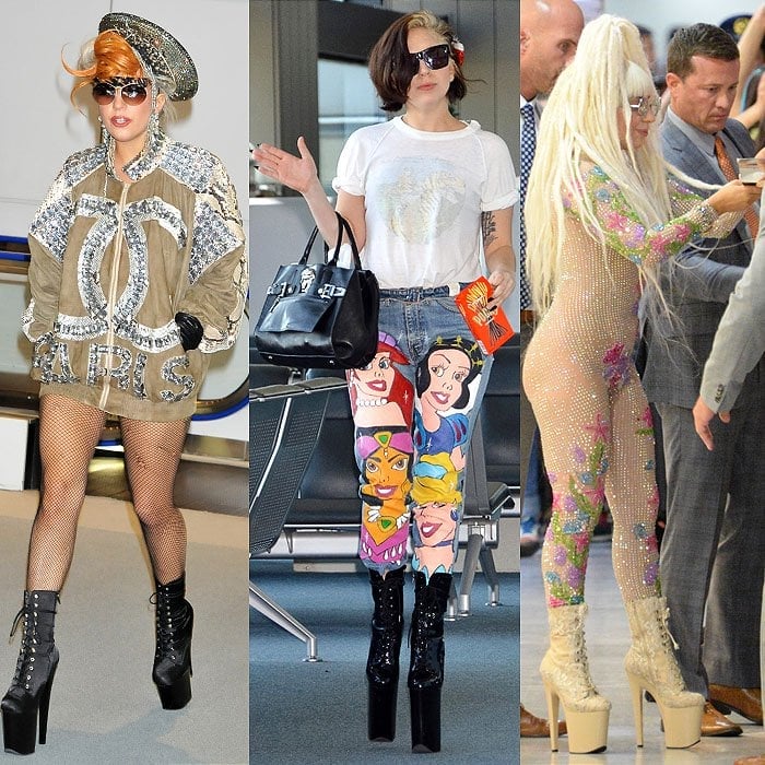 Lady Gaga and her insane platforms arriving at Narita International Airport in Chiba, Japan, on May 16, 2012; Arriving at Narita International Airport again on December 3, 2013; Leaving Narita International Airport on August 12, 2014.