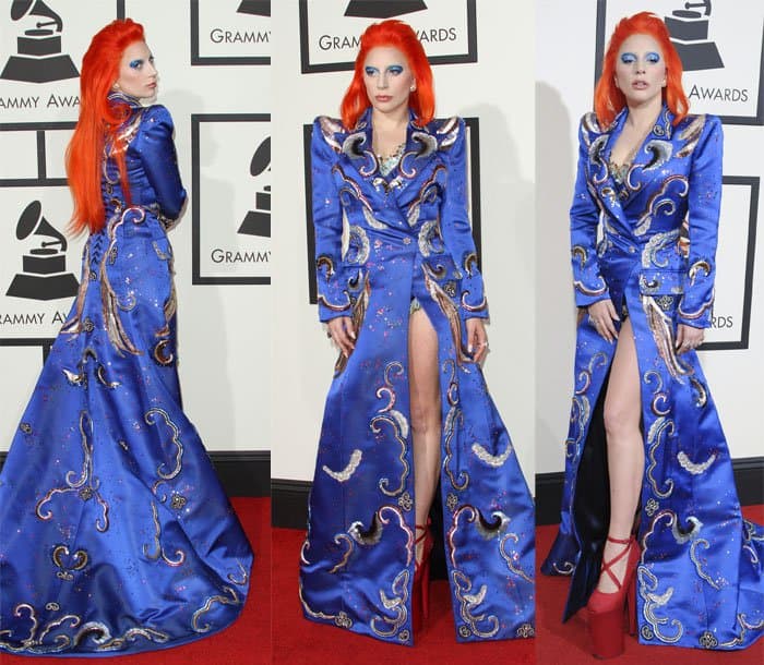Lady Gaga wearing a blue embroidered gown by Marc Jacobs and a bright red wig inspired by David Bowie's "Life on Mars" look