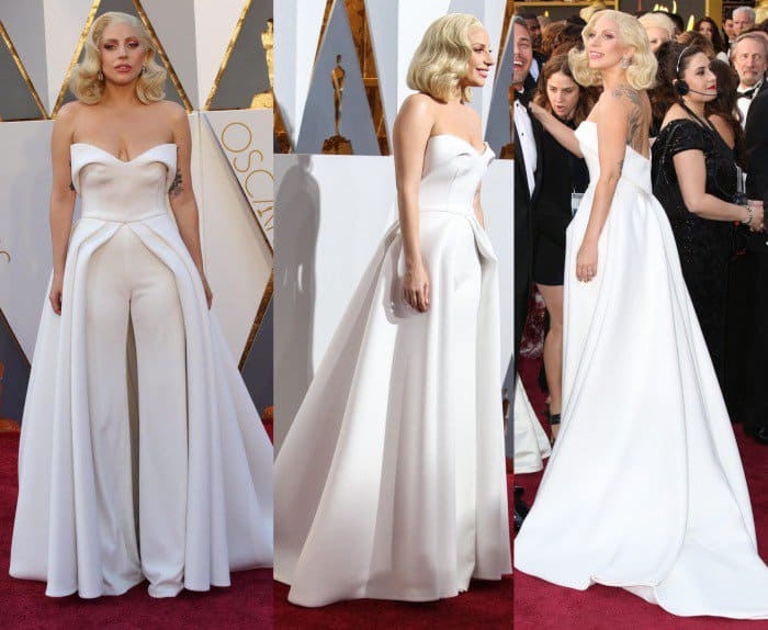 Lady Gaga opted for a stunning strapless white jumpsuit with a long skirt attachment from her stylist-turned-designer Brandon Maxwell's fall line