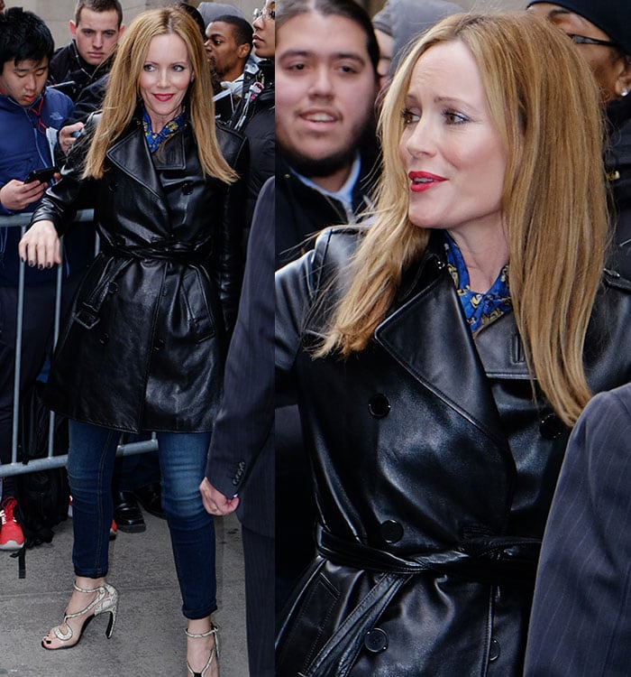 Leslie Mann wears a black leather coat after a media appearance in New York City