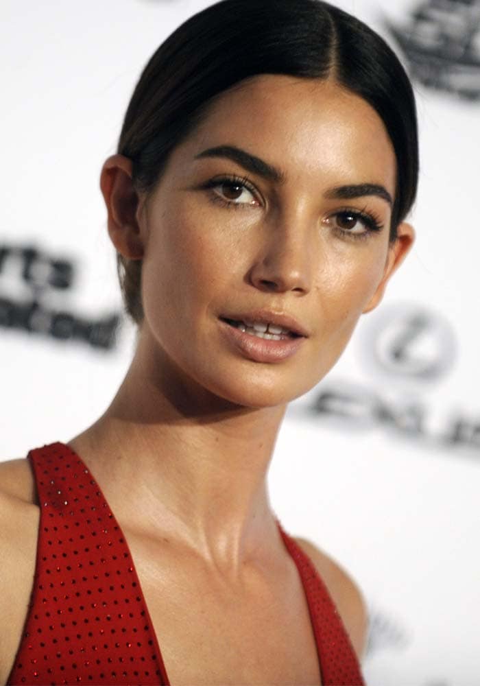 Lily Aldridge wears her hair back at the 2016 Sports Illustrated Celebrates Swimsuit VIP press event