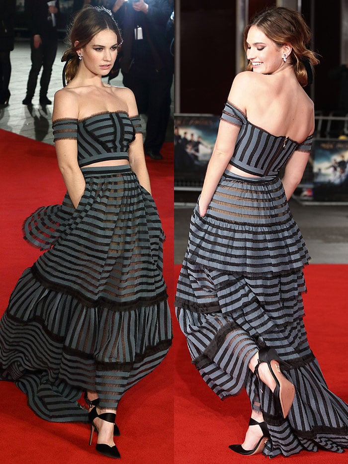 Lily James wears a striped set from Erdem on the red carpet