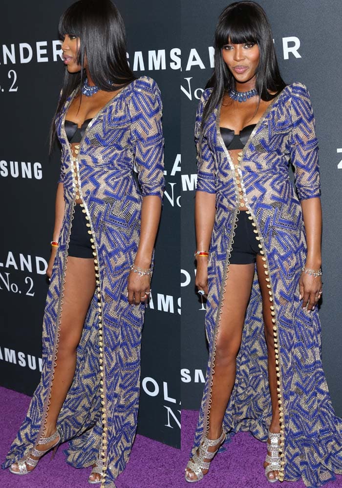 Naomi Campbell wears a floor-length robe over her lingerie to the premiere of "Zoolander No. 2"