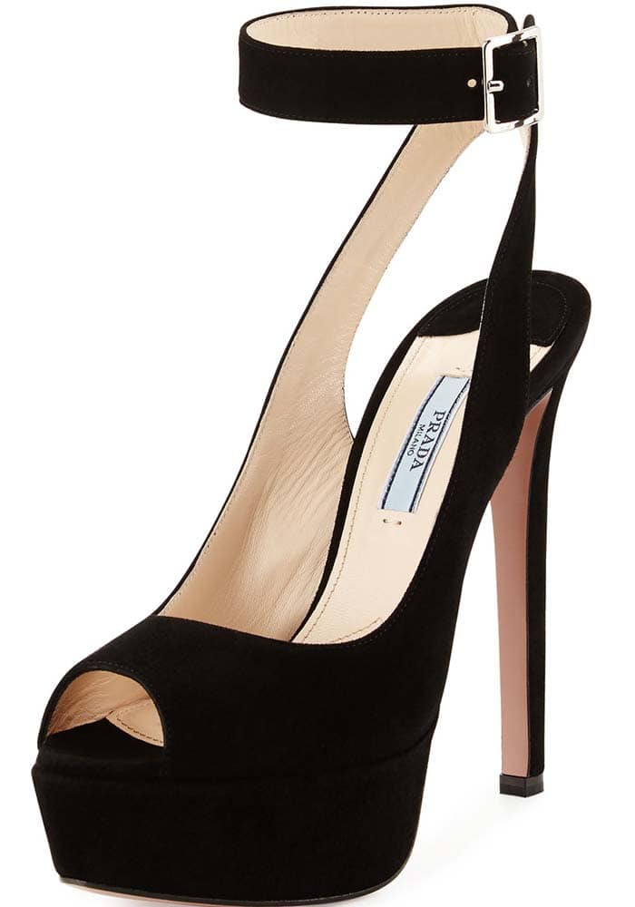 Prada Suede Platform Ankle-Strap Sandal in Nero