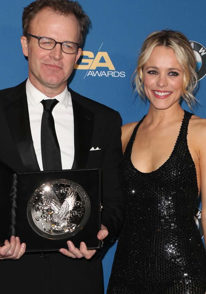 "Spotlight" director Tom McCarthy and actress Rachel McAdams pose for photos together