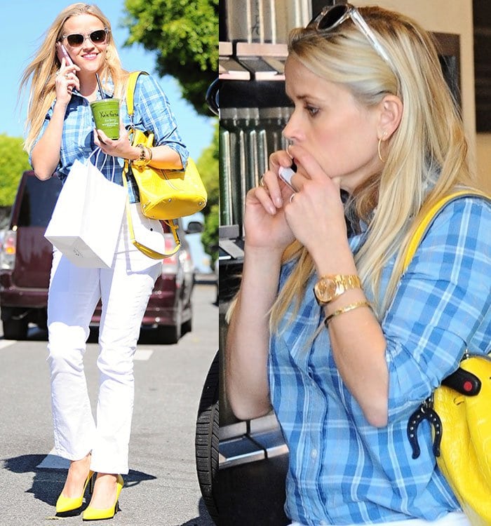 Reese Witherspoon wears a Draper James look as she carries a green smoothie and talks on her phone
