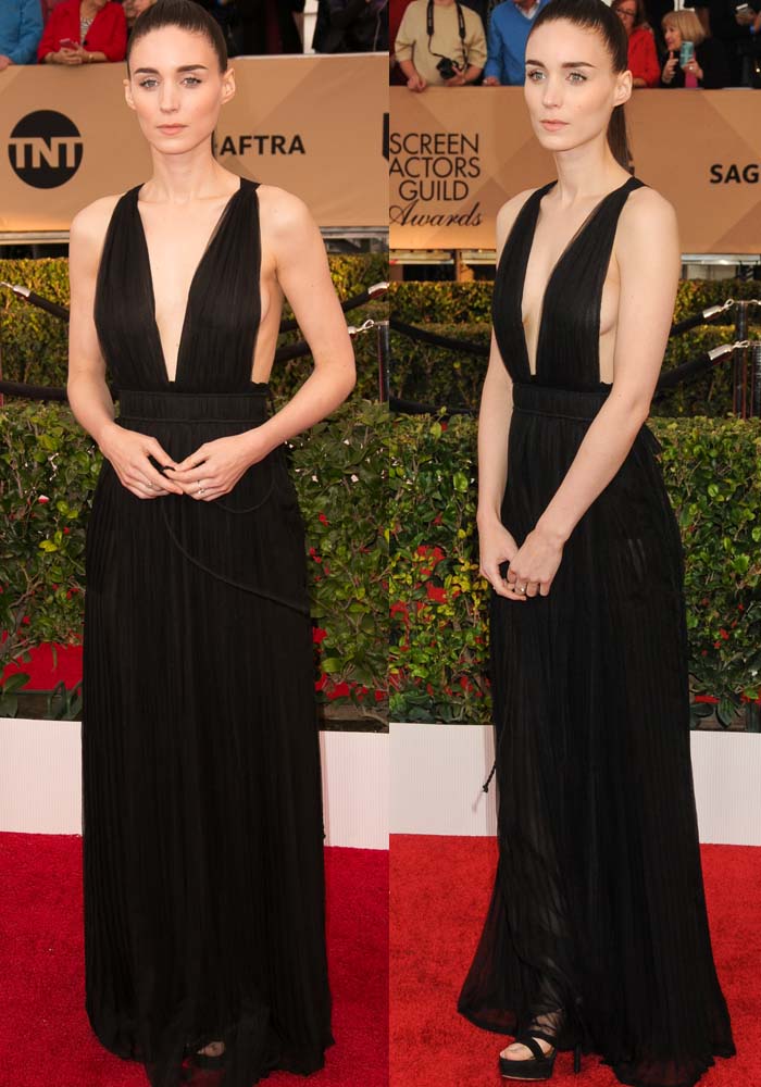 Rooney Mara wears a plunging black Valentino dress on the red carpet