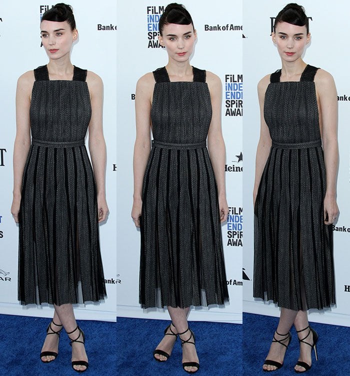 Rooney Mara wears a Boss dress on the blue carpet