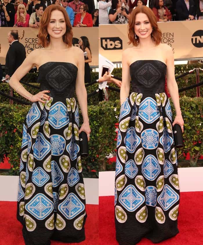 Ellie Kemper in a stunning strapless patterned gown designed by Peter Pilotto at the 22nd Annual Screen Actors Guild Awards