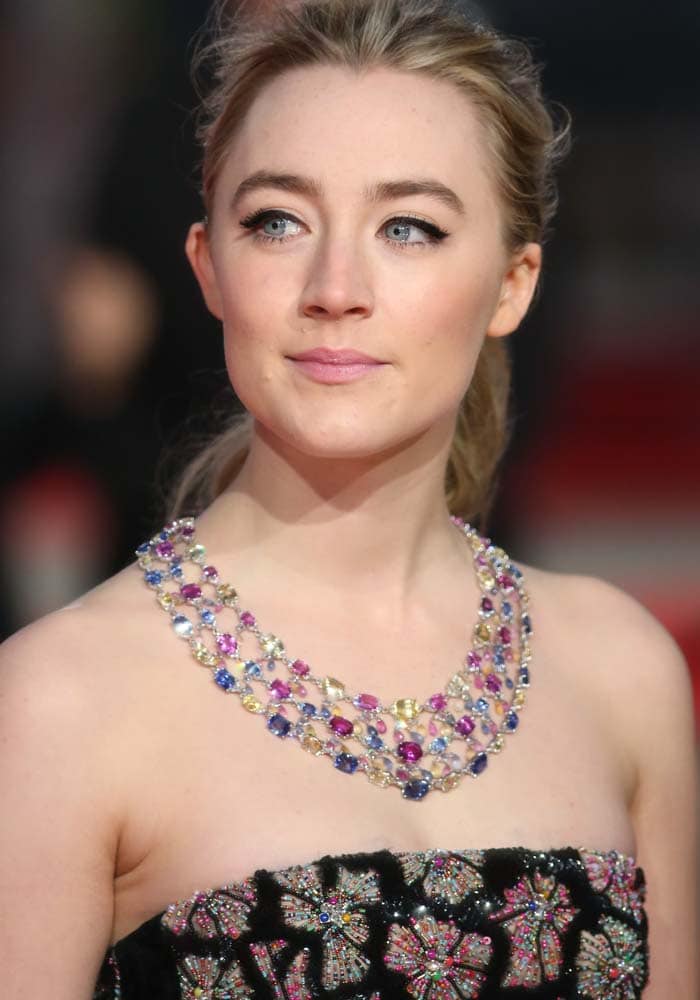 Saoirse Ronan wore a beautiful necklace featuring a myriad of colorful gemstones